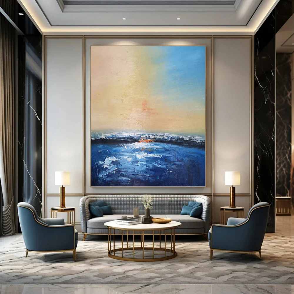 Living Handmade Original Blue Office Coastal Canvas Wall Art 7FI98